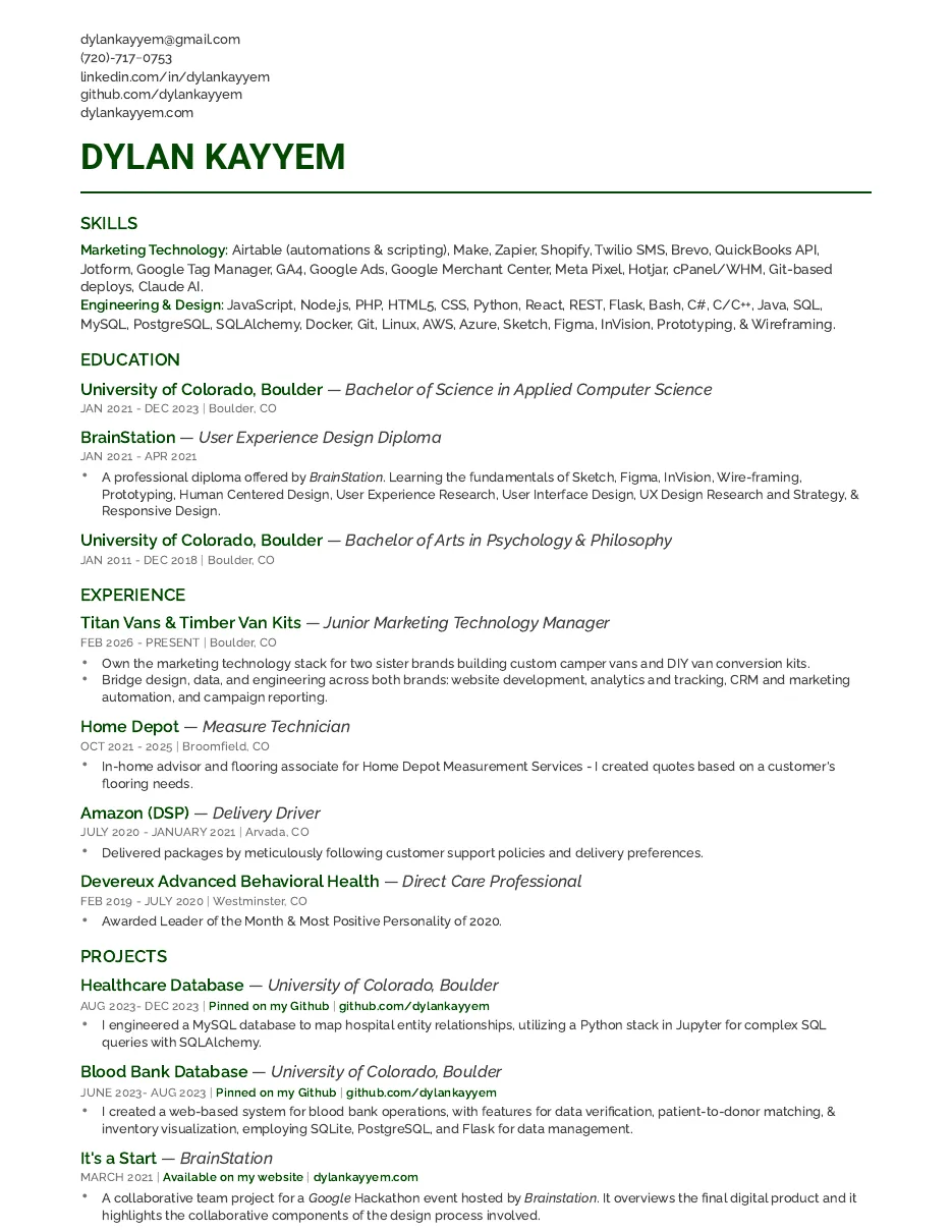 Preview of Dylan Kayyem's one-page resume